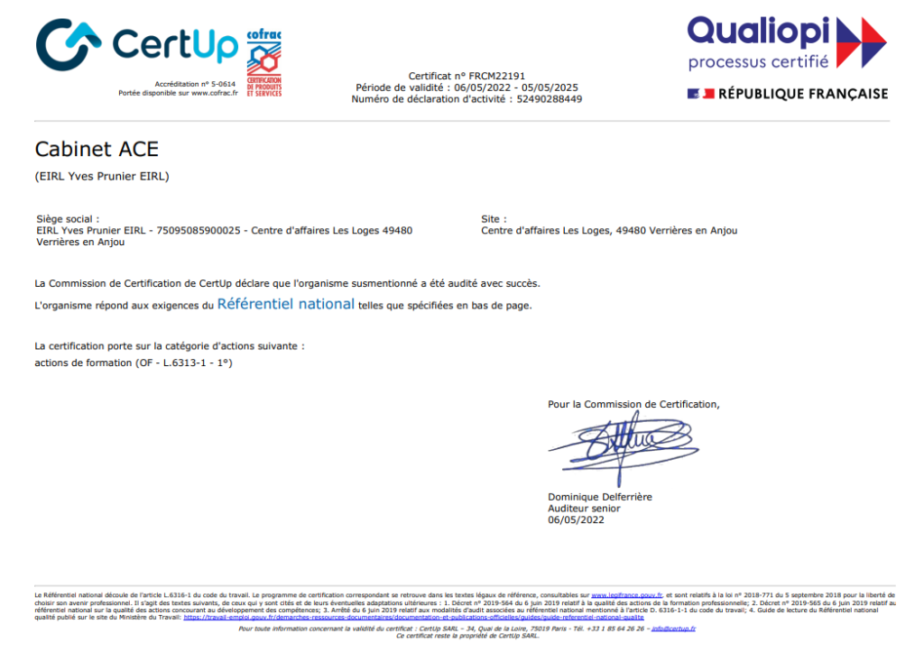 Certificat-Qualiopi - Cabinet ACE EIRL Yves PRUNIER